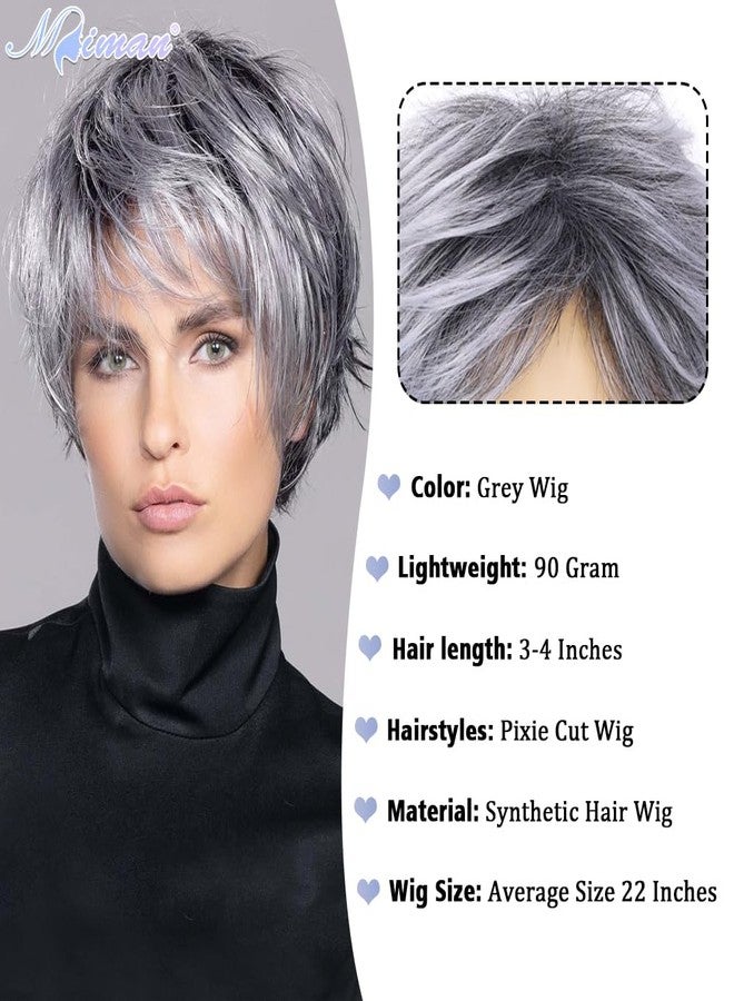 MIMAN Short Grey Wigs for Women Pixie Cut Wig Natural Layered Synthetic Short Hair Wig for Women Gray Hair Replacement Wigs with Bangs - Image 2