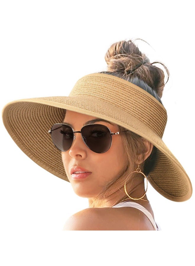 قبعة شمس نسائية من القش ذات حافة واسعة مع ذيل حصان مجعد وتصميم الجزء العلوي المجوف، قبعة شمس قابلة للطي للشاطئ، قبعة شمس للسفر - Image 1