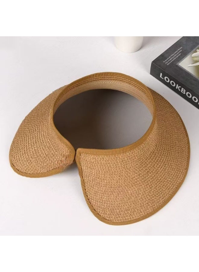 قبعة شمس نسائية من القش ذات حافة واسعة مع ذيل حصان مجعد وتصميم الجزء العلوي المجوف، قبعة شمس قابلة للطي للشاطئ، قبعة شمس للسفر - Image 4