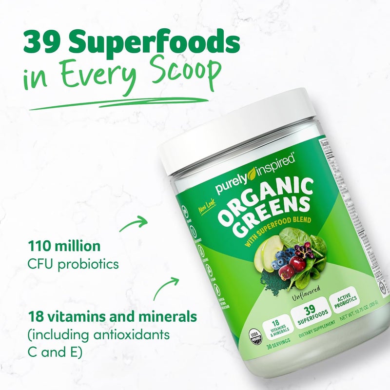Purely Inspired Organic Greens Powder Superfood Smoothie Mix Unflavored 30 Servings  Super Greens with Probiotics Spirulina  Chlorella for Gut  Digestive Health  Vegan  GlutenFree - Image 2