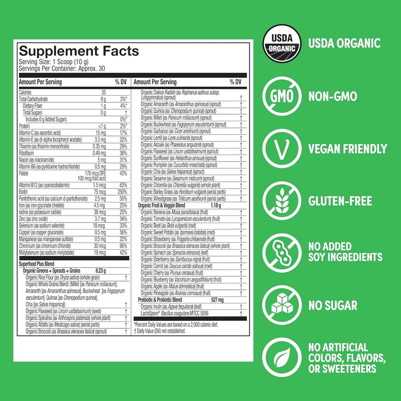 Purely Inspired Organic Greens Powder Superfood Smoothie Mix Unflavored 30 Servings  Super Greens with Probiotics Spirulina  Chlorella for Gut  Digestive Health  Vegan  GlutenFree - Image 4