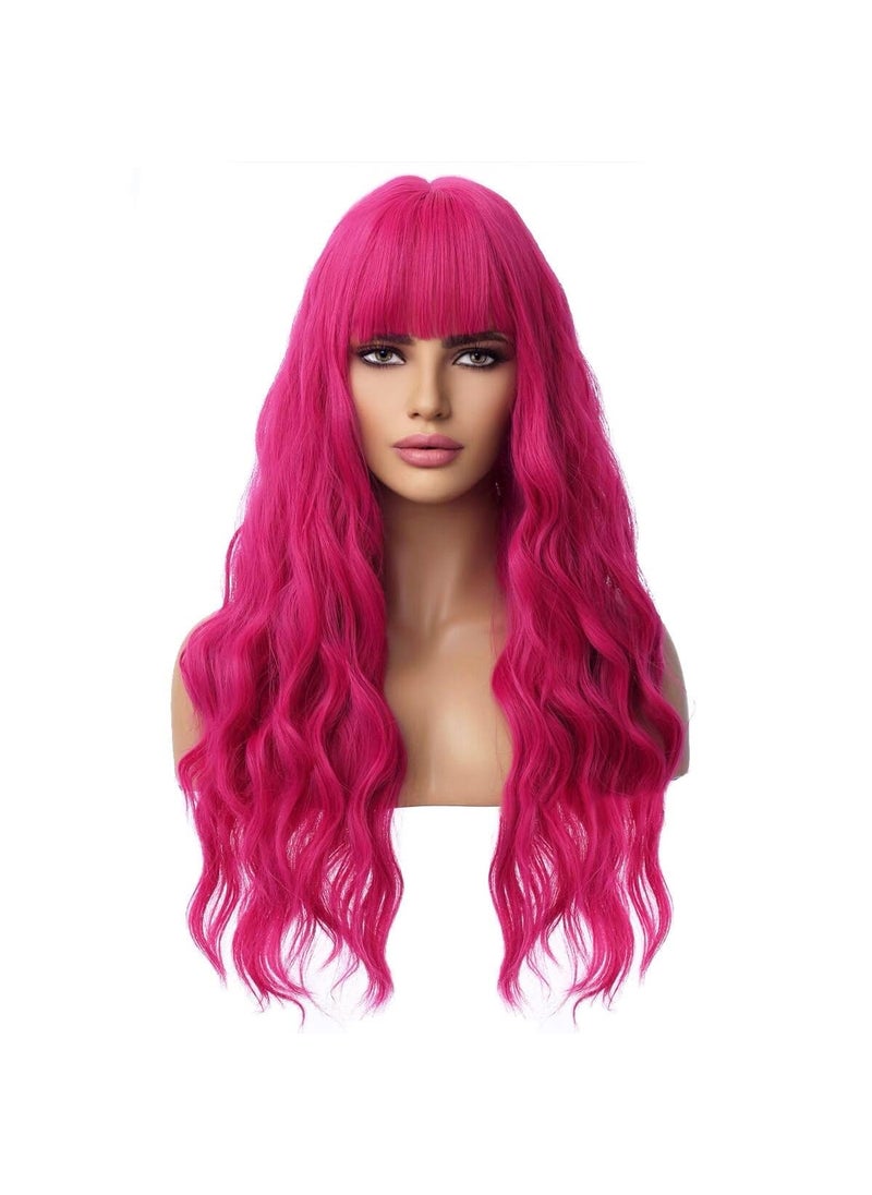 BERON - BERON 26 Inches Hot Pink Wig Long Curly Wig with Bangs Synthetic Wig Women Girls Wig Rose Red Wigs with Wig Cap - Image 1