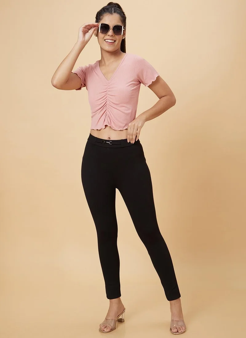 globus Globus Women Pink V-Neck Ruched Fitted Crop Top