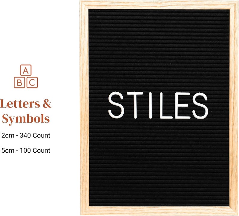 Stiles 12"x16" Felt Letter Board Sign Set, With 440 Plastic Letters, Numbers, and Symbols, Changeable Wooden Message Board for Menu, Milestones, or Baby Announcement Sign, Black - Image 2