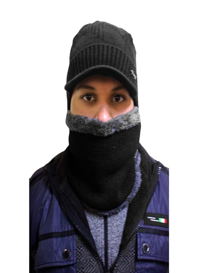 Krystle قبعة صوفية للجنسين من كريستال مع وشاح (عبوة من قطعة واحدة) (Kry/Visor/Neckwaramer/Boy/Black_Black_Free Size) - Image 2