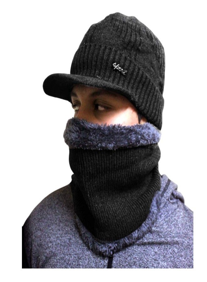 Krystle قبعة صوفية للجنسين من كريستال مع وشاح (عبوة من قطعة واحدة) (Kry/Visor/Neckwaramer/Boy/Black_Black_Free Size) - Image 1