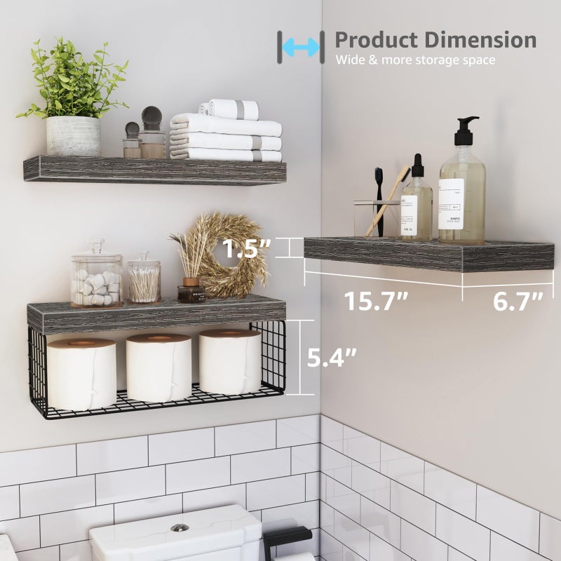 QEEIG Bathroom Shelves Over Toilet - Wall Mounted Floating Shelves Toilet Paper Storage Small Farmhouse Decor Shelf 16 inch Set of 3, Grey (019-GY3) - Image 3