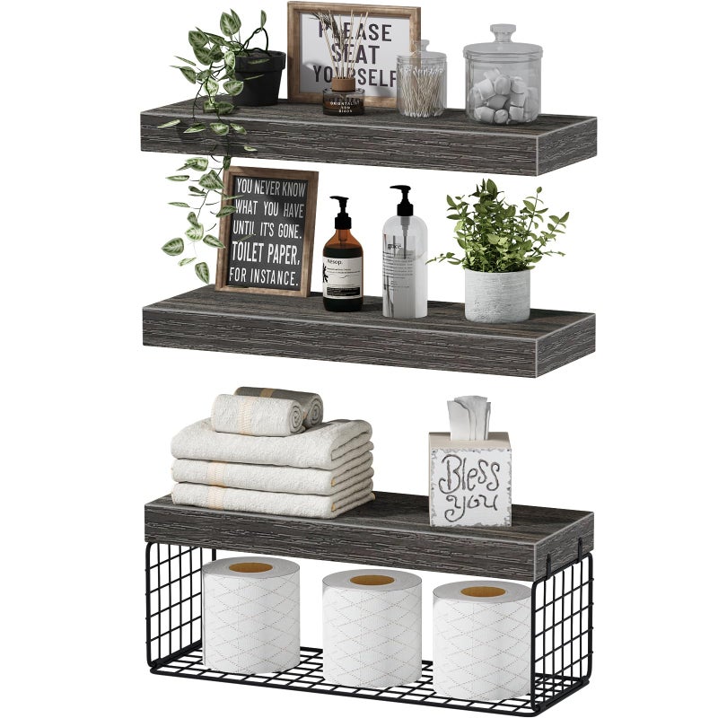 QEEIG Bathroom Shelves Over Toilet - Wall Mounted Floating Shelves Toilet Paper Storage Small Farmhouse Decor Shelf 16 inch Set of 3, Grey (019-GY3) - Image 1