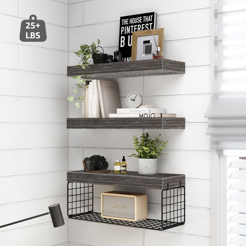 QEEIG Bathroom Shelves Over Toilet - Wall Mounted Floating Shelves Toilet Paper Storage Small Farmhouse Decor Shelf 16 inch Set of 3, Grey (019-GY3) - Image 4