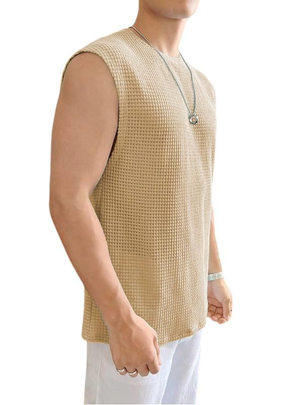 THE BLAZZE Men Polyester Fitted Knitted Tank Tops Sleeveless Casual T Shirts Summer Beach Tank Shirts Waffle Tee B L2712 VK 5000 (XL, CML), Off-White - Image 4