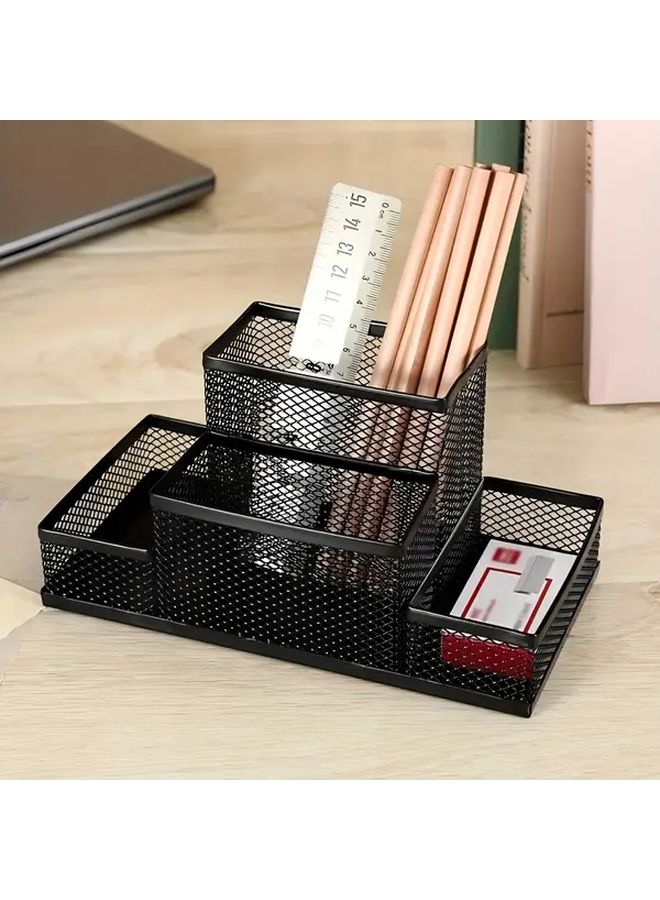 Model Four Grids Multifunctional Desktop Storage Organizer With Pen Holder And Compartments For Office School Supplies Black - Image 1