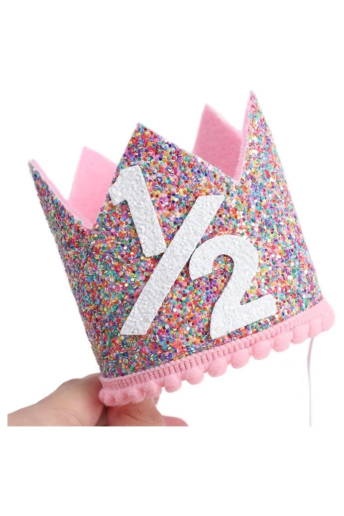1/2 Birthday Girl Crown - Pink Adjustable Baby Girl Half Birthday Hat for 6-12 Months - Image 1