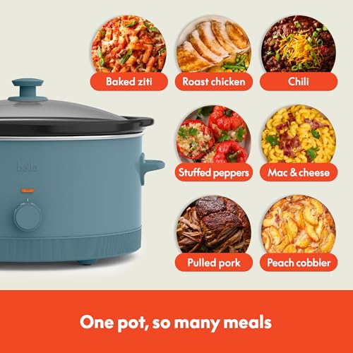 bella 6.0 Qt Manual Slow Cooker, Ceramic Nonstick Coating, 3 Temperature Settings, Dishwasher Safe Stoneware Pot and Tempered Glass Lid, Cool Touch Handles & Tangle Free Cord Wrap, Surf - Image 4