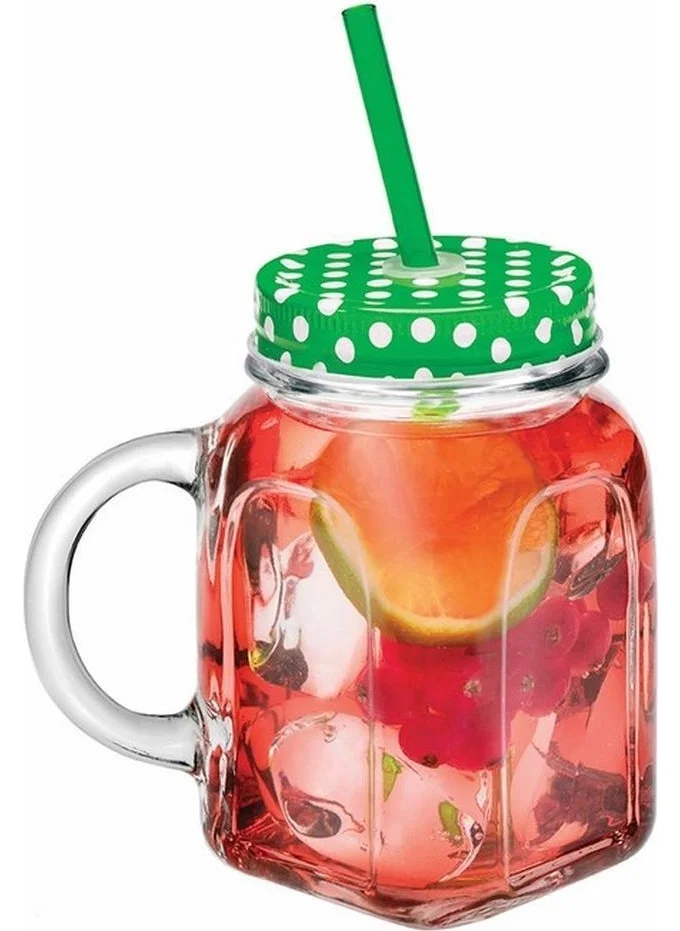Paşabahçe Glass Jar 2 Piece Mug with Straw 80388 450CC Green
