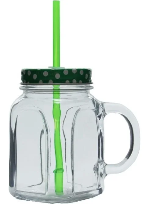 Paşabahçe Glass Jar 2 Piece Mug with Straw 80388 450CC Green