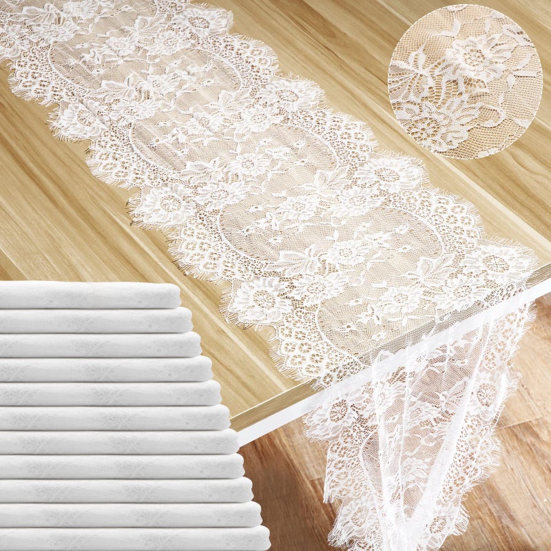 Coume 12 Pack Lace Table Runner 14 x 120 Inch White Rustic Lace Fabric Table Runners with Rose Embroidered Floral for Wedding Bridal Vintage Boho Table Runners Thanksgiving Christmas Party Decoration