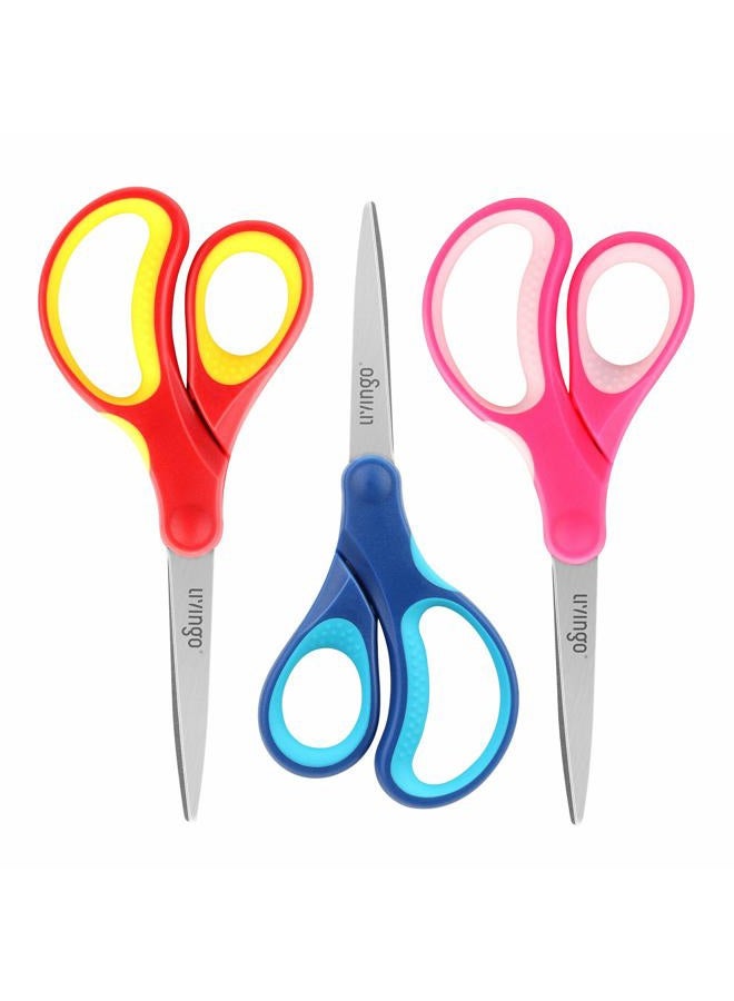 LIVINGO 7" Student Scissors, Sharp Stainless Steel Pointed Tip Blades Shears for Middle School Kids Crafting Project, Comfort Right/Left-handed, Assorted Color, 3 Pack - Image 1