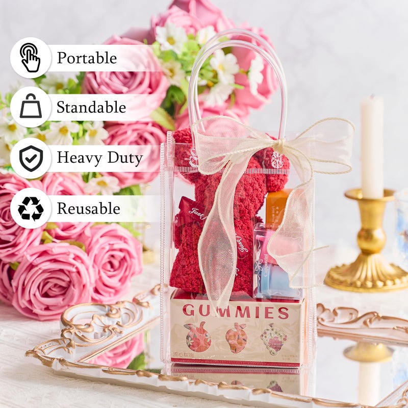 Ohuimrt 30 PCS Clear Plastic Gift Bags with Handles, 4.9 x 7.5 x 3.15 Inches Reusable Party Favor Bags with Ribbon Transparent Gift Wrap Bags Bulk for Weddings Birthdays - Image 4