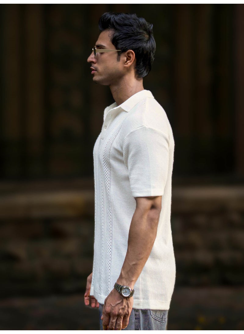 Maniac Mens Textured Polo Neck Half Sleeve Half White Slim Fit T-Shirt - Image 5