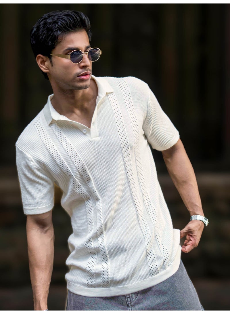 Maniac Mens Textured Polo Neck Half Sleeve Half White Slim Fit T-Shirt - Image 4