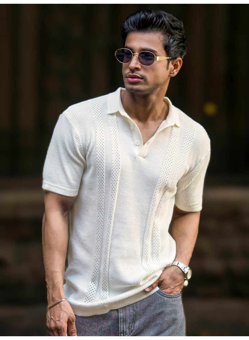 Maniac Mens Textured Polo Neck Half Sleeve Half White Slim Fit T-Shirt - Image 2