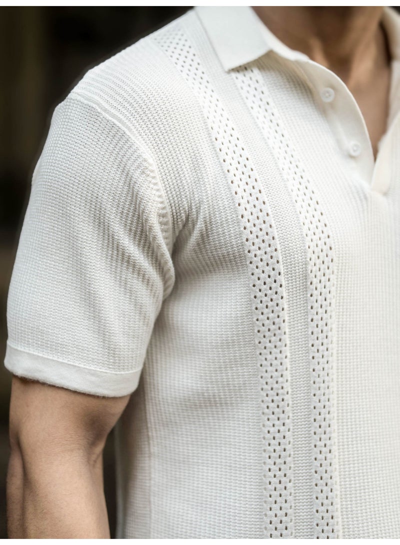 Maniac Mens Textured Polo Neck Half Sleeve Half White Slim Fit T-Shirt - Image 3