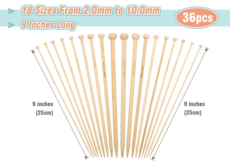 LIHAO 36 PCS Bamboo Knitting Needles Set (18 Sizes From 2.0mm to 10.0mm) - Image 2