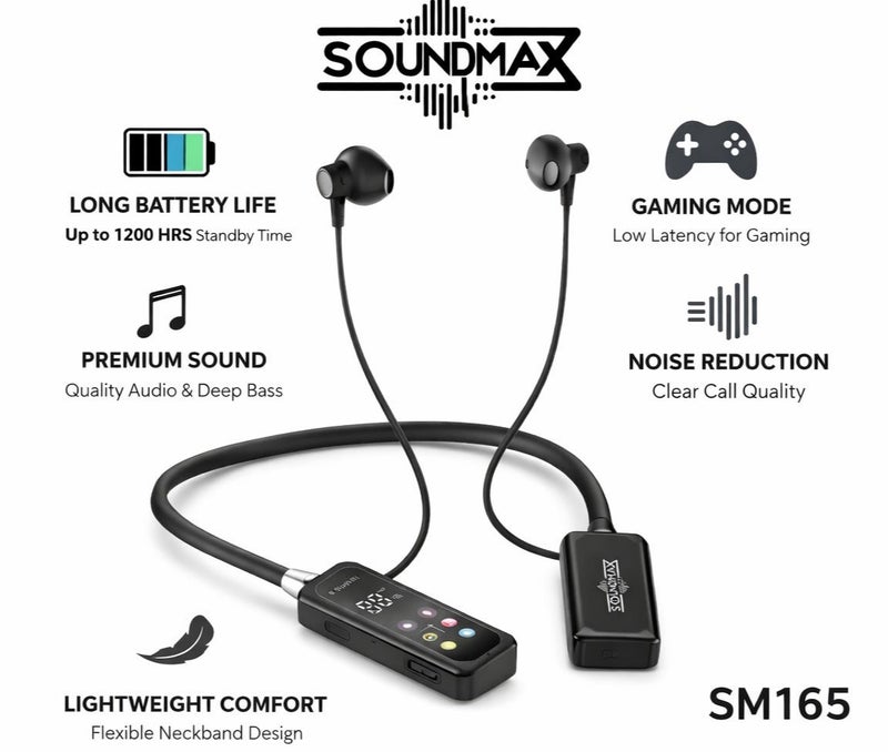 Soundmax سماعات ساوندماكس SM165 لاسلكية حول الرقبة مغناطيسية – بطارية طويلة، وضع الألعاب، عزل الضوضاء - Image 1