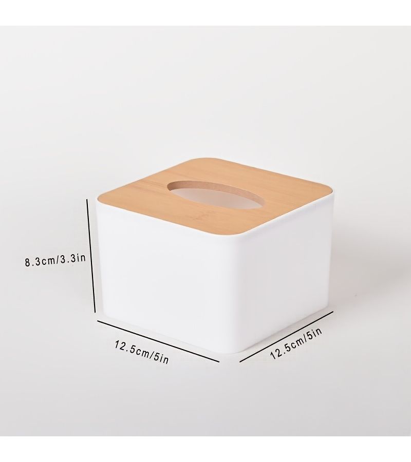White Square Plastic Tissue Box With Wood Grain Lid Vintage Style Storage Home Office - Image 3
