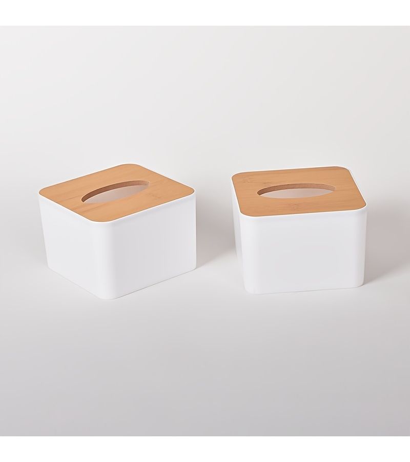 White Square Plastic Tissue Box With Wood Grain Lid Vintage Style Storage Home Office - Image 4