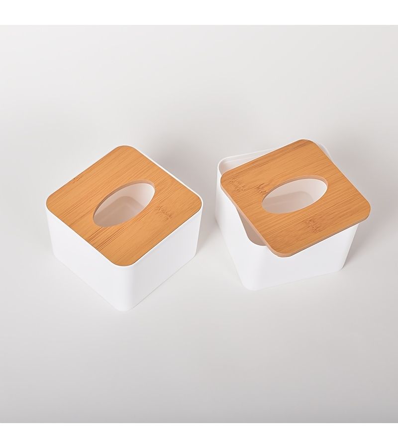 White Square Plastic Tissue Box With Wood Grain Lid Vintage Style Storage Home Office - Image 1