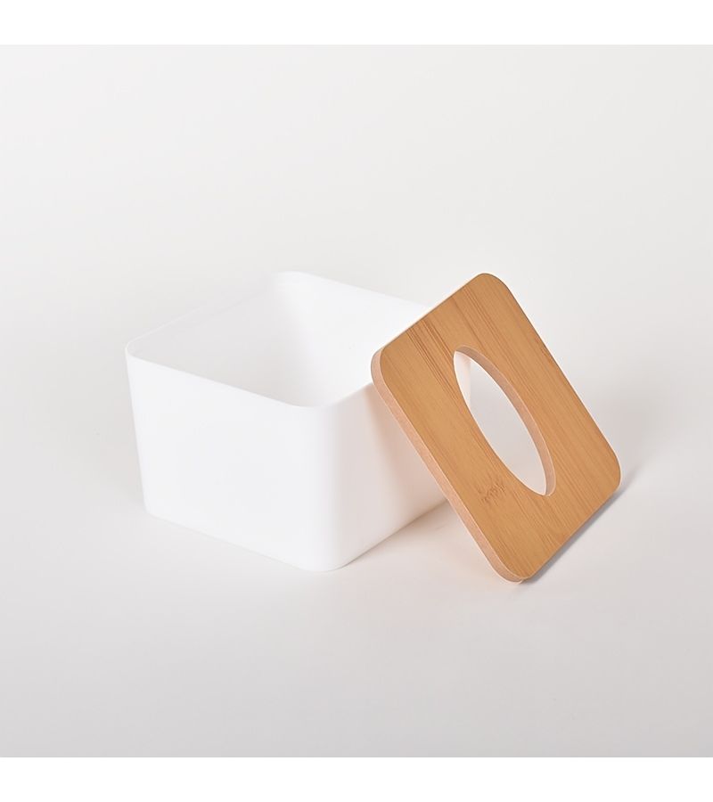 White Square Plastic Tissue Box With Wood Grain Lid Vintage Style Storage Home Office - Image 2