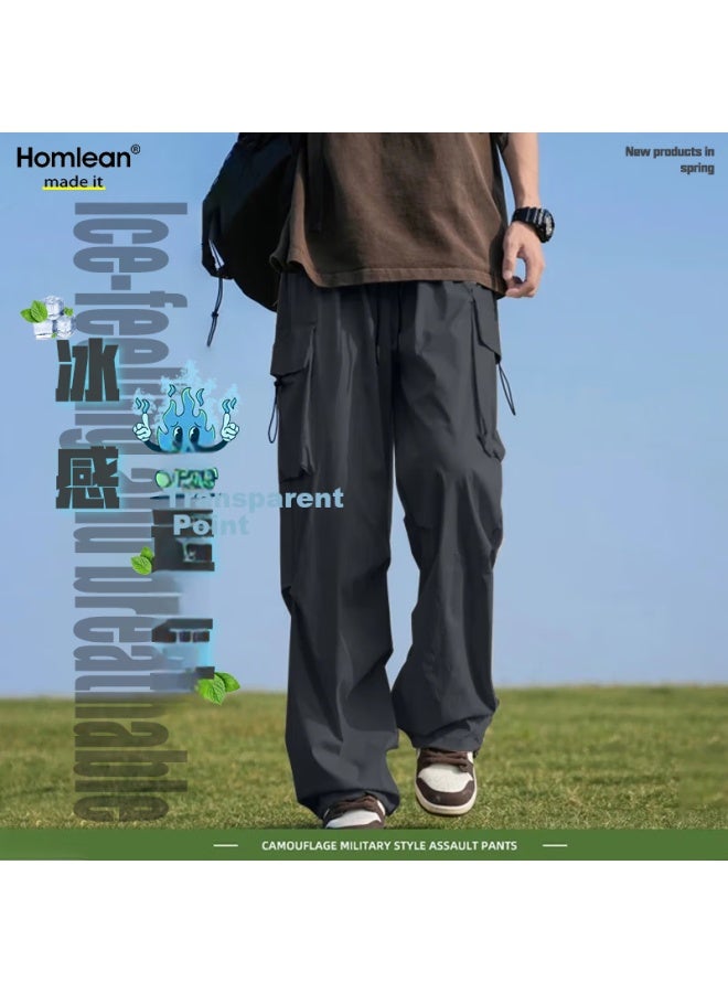 Homlean American-style Paratrooper Work Pants Men's Summer Loose Thin Ice-cool Breathable Casual Trousers B6603 Dark Grey M - Image 1
