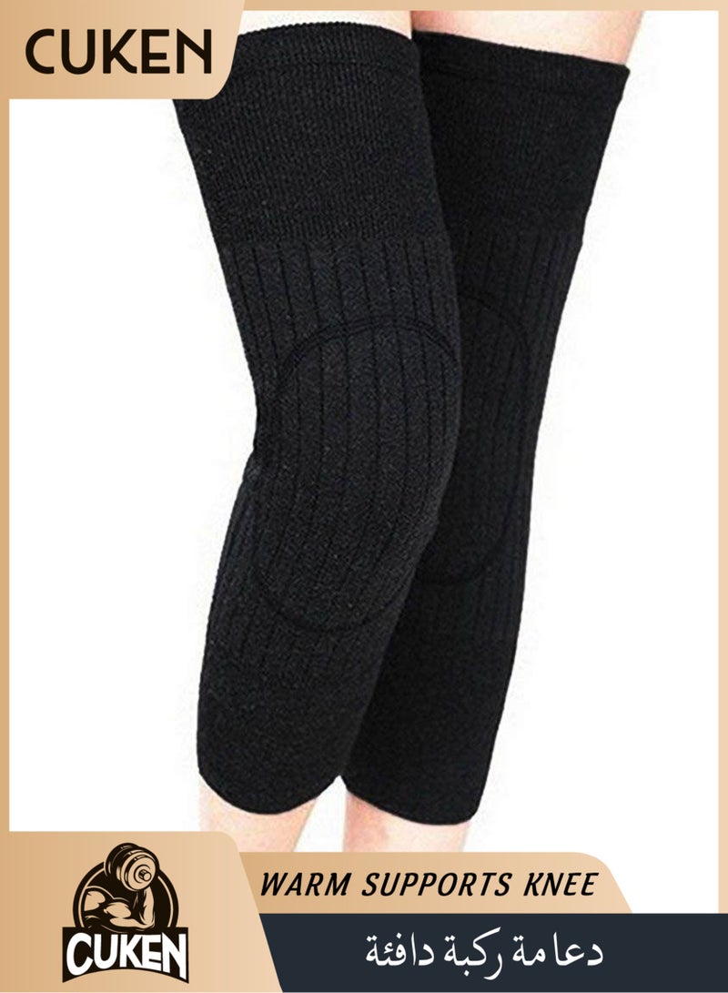 Cuken 1 Pair Unisex Pair Knee Warmers, Thick Cashmere Wool Knee Brace Support Pads with Thermal Insulation for Winter Sports, Running, Cycling, and Daily Wear, Black - Image 1