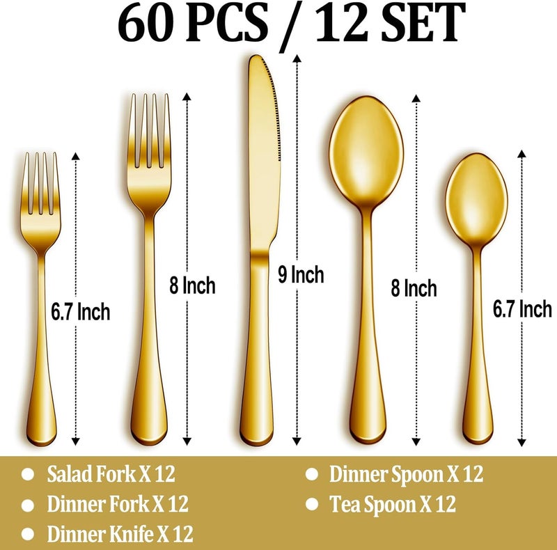MUTNITT 60 Pcs Gold Silverware Set Service for 12 Premium Stainless Steel Flatware Set Cutlery Utensil Set Durable Home Kitchen Eating Tableware Set Include Fork Knife Spoon Set Dishwasher Safe - Image 2
