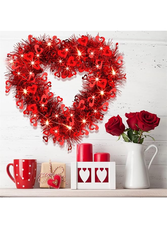 إيروريكس إكليل على شكل قلب مكون من قطعتين مصنوع يدويًا من الزهور الصناعية المزخرفة لعيد الحب، إكليل على شكل قلب أحمر مع أضواء LED لتزيين الباب الأمامي وحفلات الخطوبة وعروض الزفاف - Image 2
