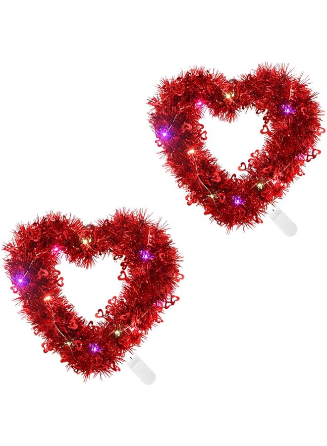 إيروريكس إكليل على شكل قلب مكون من قطعتين مصنوع يدويًا من الزهور الصناعية المزخرفة لعيد الحب، إكليل على شكل قلب أحمر مع أضواء LED لتزيين الباب الأمامي وحفلات الخطوبة وعروض الزفاف - Image 1