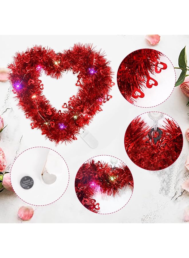 إيروريكس إكليل على شكل قلب مكون من قطعتين مصنوع يدويًا من الزهور الصناعية المزخرفة لعيد الحب، إكليل على شكل قلب أحمر مع أضواء LED لتزيين الباب الأمامي وحفلات الخطوبة وعروض الزفاف - Image 4