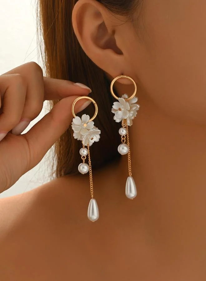 تايك تو أقراط متدلية بتصميم زهور ولؤلؤ صناعي