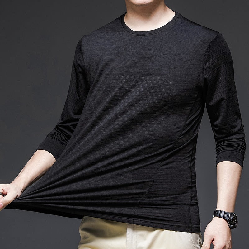 Long Sleeve Ice Silk T-Shirt Men'S Ice Pure Color Sports T-Shirt Men'S Thin Breathable Stretch Business T-Shirt Men - Image 1