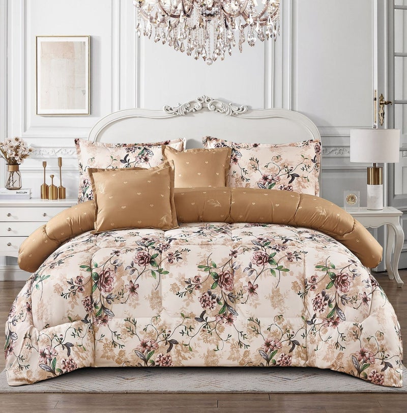 MingLi Summer double bed set, 6 pieces, reversible (floral and striped), fits a 200x200 bed. Includes a 230x250 duvet, a 200x200+40 fitted sheet with elasticated edges, two 80x50 pillowcases, and two 50x50 square pillowcases. - Image 1