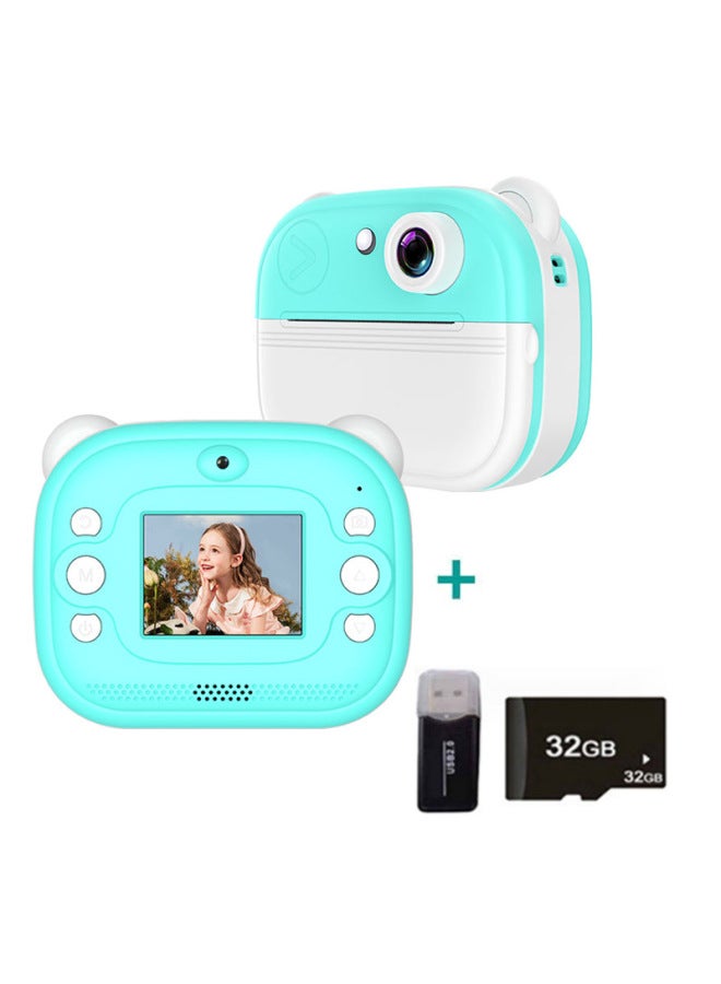 Explosions High-definition Mini-clapper Print Digital Camera Thermal Bluetooth Ink-free Cartoon Cute Fun-Color:Q9 Blue Bear + 32g Memory Card + Card Reader - Image 1