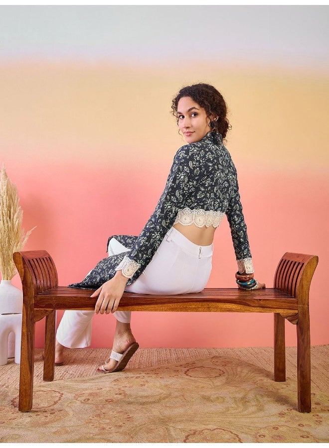 AKS Floral Printed Shirt Collar Cotton Straight Kurta - Image 1