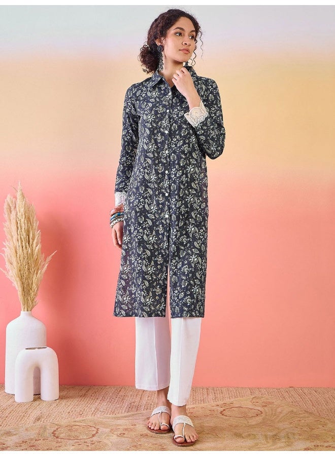 AKS Floral Printed Shirt Collar Cotton Straight Kurta - Image 3