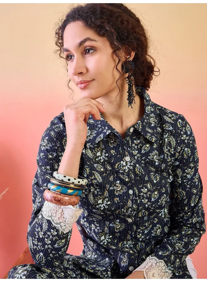 AKS Floral Printed Shirt Collar Cotton Straight Kurta