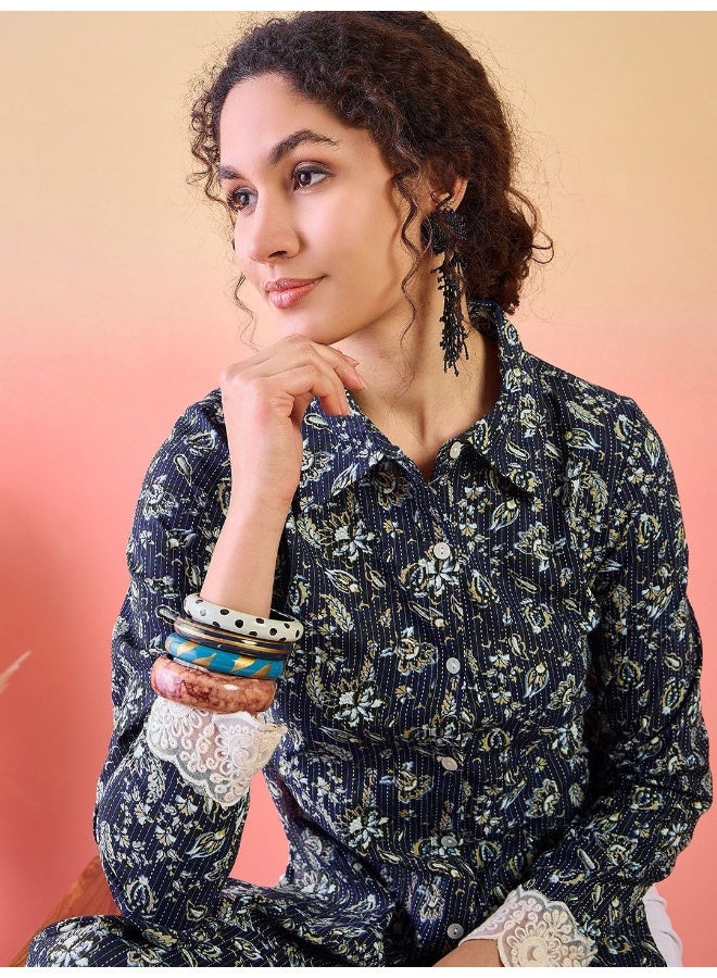 AKS Floral Printed Shirt Collar Cotton Straight Kurta - Image 2