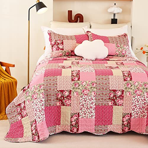 Cmfshape Summer Floral Queen Quilted Bedspread,Romantic Pink Quilt Set Full,Reversible Stitched Bedding Set All Season,Soft Lightweight Coverlet with Pillow Cases (Hot Pink&Rose, Queen90 x90) - Image 2