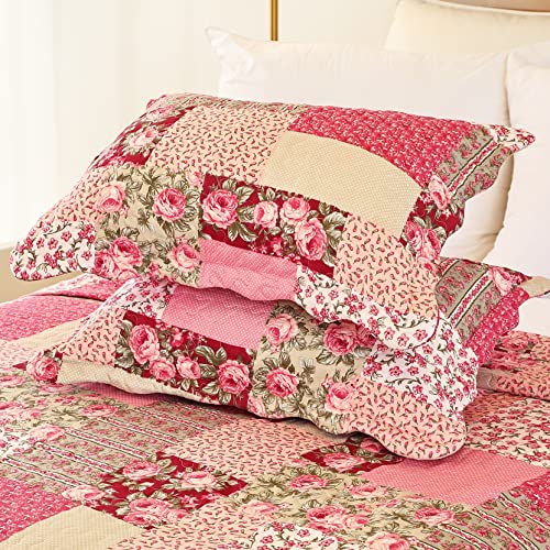 Cmfshape Summer Floral Queen Quilted Bedspread,Romantic Pink Quilt Set Full,Reversible Stitched Bedding Set All Season,Soft Lightweight Coverlet with Pillow Cases (Hot Pink&Rose, Queen90 x90) - Image 5