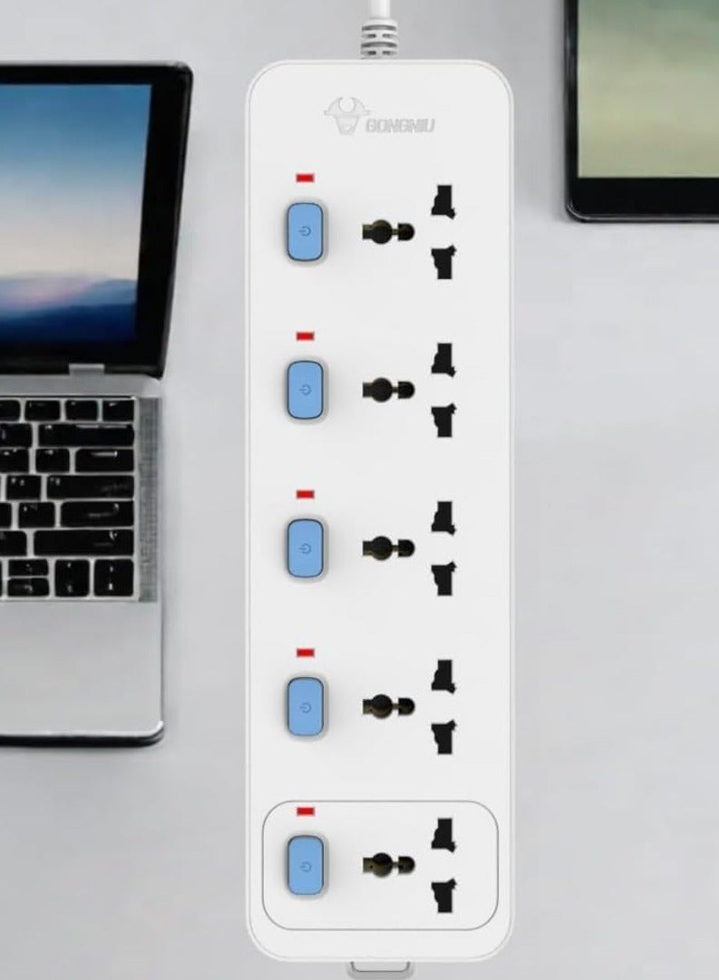 ELTRAZONE White Electric Extension Socket - 5-Way Surge Protected Power Strip with Child Safety Shutters, Individual Switches, LED Indicator, 3M & 5M Long Cord, Universal Compatibility  - Image 1