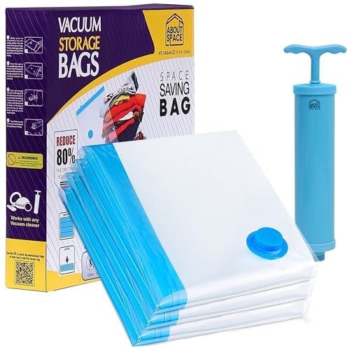 ABOUT SPACE Polyamide Polyethylene Vacuum Compression Bags (3 Pack) with Hand Pump | Large Zip Seal Compression Storage Bags | Heavy-Duty Airtight Reusable Space Saver Luggage Organizer (Blue) - Image 1